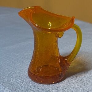 Orange Glass Pitcher Miniature Mid Century Rainbow Crackle Glass 3.5" tall glow